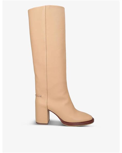 chloé edith knee high leather heeled boots in white lyst