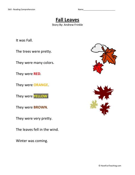 Getting your active first graders to listen can be a bit of challenge. Reading Comprehension Worksheet - Fall Leaves