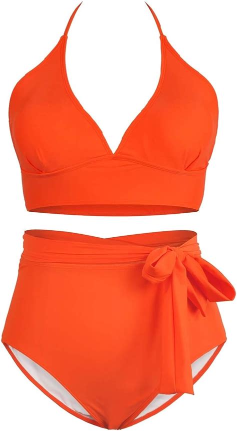 women s neon orange 2 piece plus size high waisted tummy control swimwear swimsuit