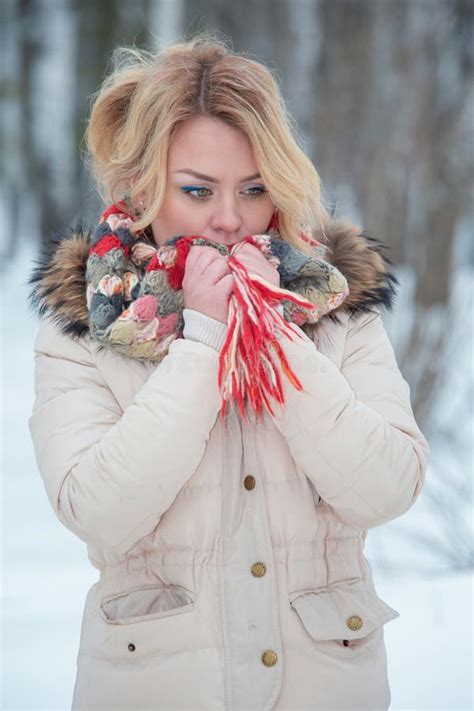 Portrait Blonde Girl Red Winter Scarf Stock Image Image Of Park Cold