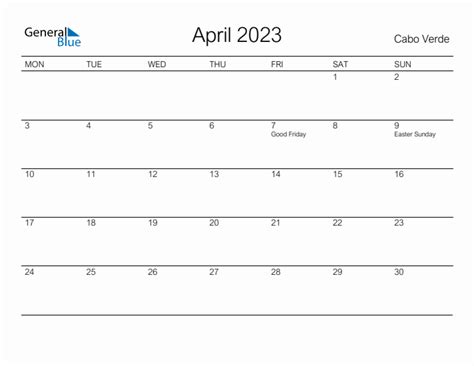 Printable April 2023 Monthly Calendar With Holidays For Cabo Verde