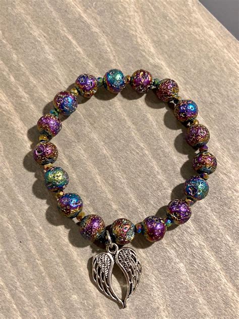 Gemstone Bracelet - Rainbow Plated Lava / Hematite Healing Bracelets for Women, Heart Angel ...