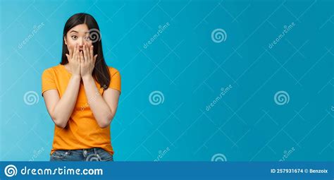 Shocked Speechless Stunned Asian Girl Stare Camera Cover Mouth Palms Raise Eyebrows Gasping