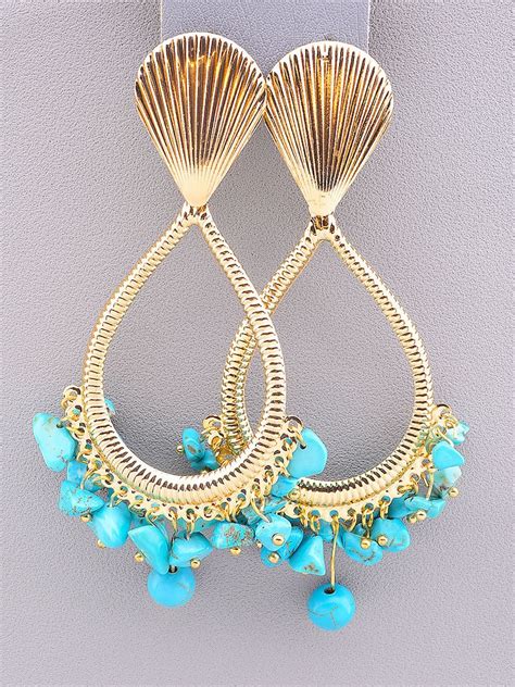 Real Turquoise Statement Earrings Gold Dangle Drop Chunky Etsy