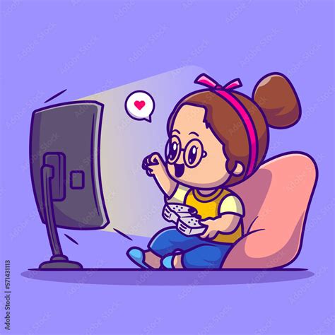 Cute Girl Playing Game Cartoon Vector Icon Illustration People