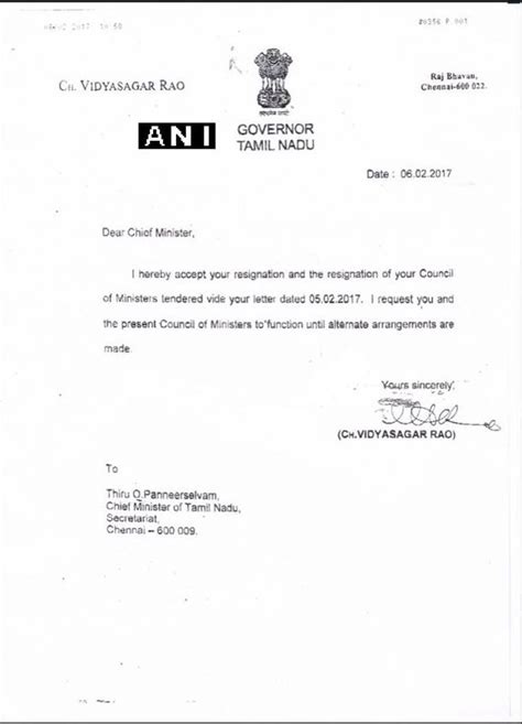 (your letter reference no) date: Tamil Nadu Governor accepts Panneerselvam's resignation ...