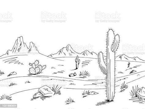 Prairie Road Graphic Black White Desert Landscape Sketch Illustration