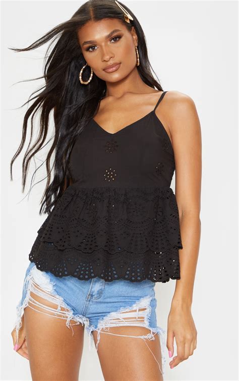 Black Broderie Anglaise Frill Hem Cami Top Prettylittlething
