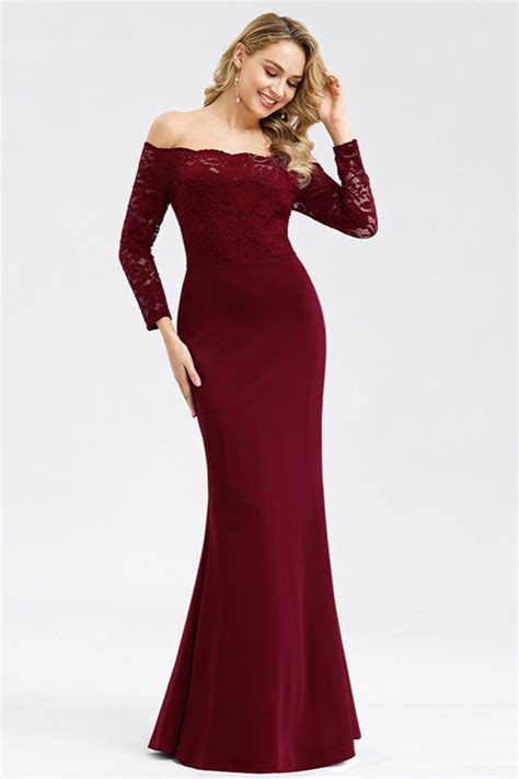 Elegant Off The Shoulder Burgundy Evening Gowns Mermaid Lace Long Sleeves Prom Dress