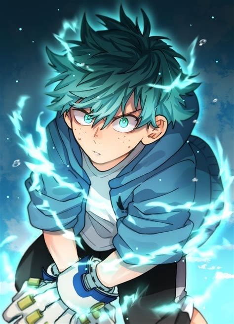 An Anime Character With Green Hair And Blue Eyes Holding His Hands On