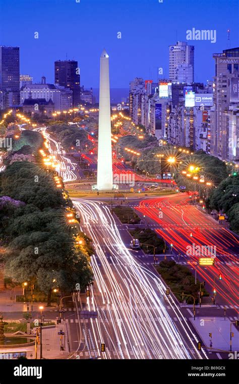 Aerial View Of 9 De Julio Avenue With Obelisco Monument At Night