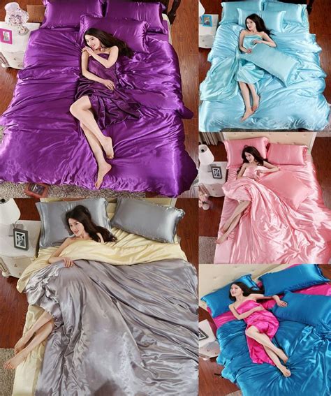 [visit to buy] 100 pure satin silk bedding set queen size bed sheet sets bedclothes solid duvet