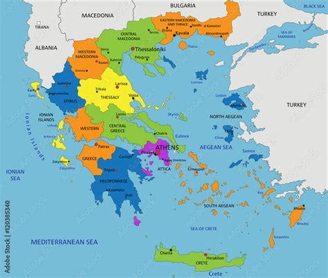 Fototapeta kolorowa mapa polityczna Grecji z wyraźnie oznaczonymi