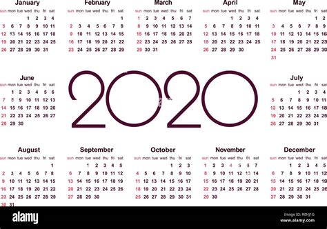 Calendario Del Año 2020 Simple Plantilla Vectorial Plantilla De