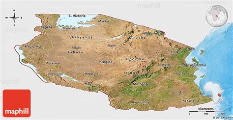 Satellite Panoramic Map Of Tanzania Single Color Outside Bathymetry