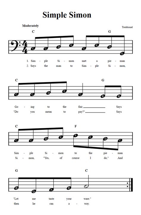 Reading left hand piano notes? Simple Simon: Beginner Bass Clef Sheet Music with Chords and Lyrics