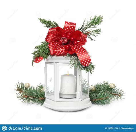 Decorative Christmas Lantern With Candle And Fir Branches On White