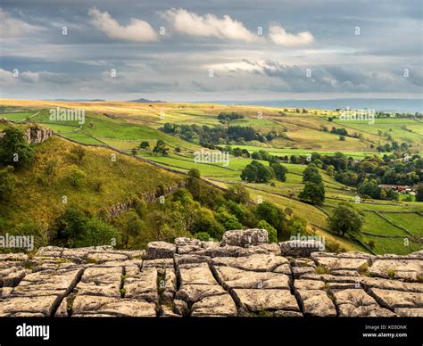 View Over Malhamdale From Malham Cove Yorkshire Dales England Stock