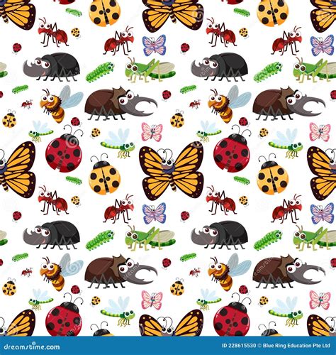 Seamless Pattern With Many Different Insects Character Stock Vector