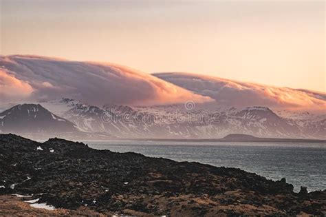 Typical Icelandic Sunrise Sunset Mountain Landscape At Arnarstapi Area