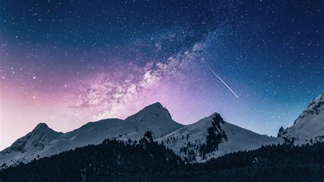 Montañas Nevadas Cielo Con Estrellas Y Cometa Fondo De Pantalla 4k