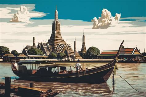 Wat Arun During The Day With Blue Sky With Long Tail Boat In Bangkok