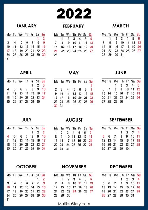 2022 Calendar With Holidays Printable Free Blue Monday Start