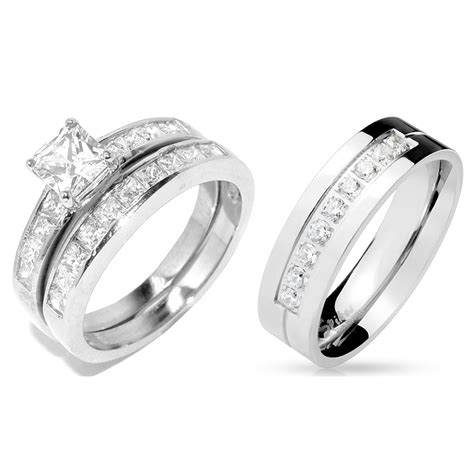 His Hers 3 Pcs Stainless Steel Princess Cut Cz Wedding Ring Set Mens 9