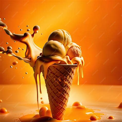 Premium Ai Image Three Scoops Of Ice Cream In A Caramel Cone Generative Ai
