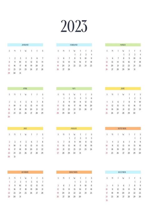 2023 Calendar Template In Classic Strict Style With Multicolor Elements
