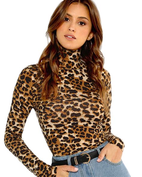 Womens Leopard Print Knit Jersey Long Sleeve Turtleneck Top Turtleneck Long Sleeve Top Long