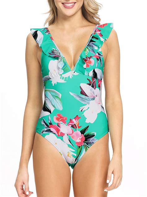 Buy Amicabling Front Ruffle Sleeve Sexy One Piece Swimsuit V Plunge