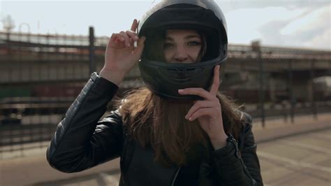 Adorable Young Woman With Motorcycle Helmet Stock Footage Sbv 314307875