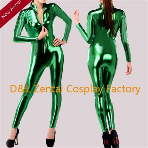 Free Shipping Dhl Sexy Green Front Zipper Zentai Catsuit Shiny Metallic