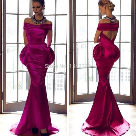 Sexy Off Shoulder Mermaid Party Gowns Prom Dress Fuchsia Pleated Floor Length Long Evening