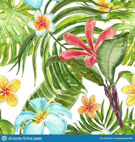 Summer Tropical Floral Print Watercolor Seamless Pattern With Exotic