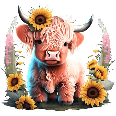 Pink Baby Highland Cow With Sunflowers And Bow · Creative Fabrica