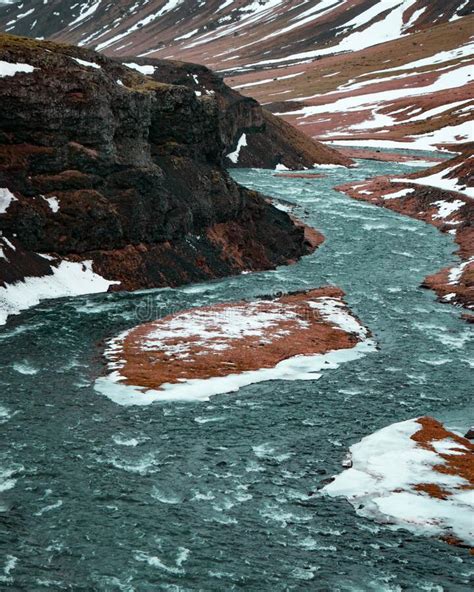 Amazing Turquoise River Curves Near Thorufoss Waterfall Iceland Stock