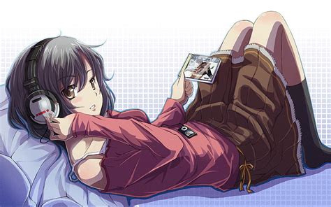 Hd Wallpaper Anime Girl Lying Down Listening Headphones Skirt Indoors Wallpaper Flare