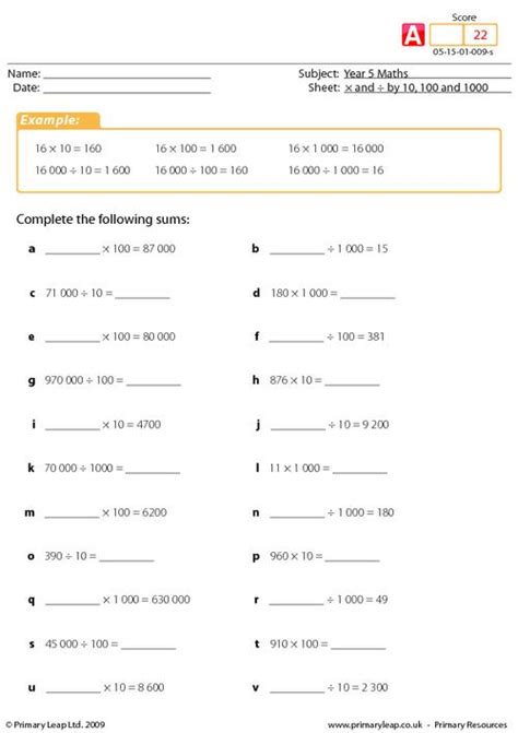 Multiplying And Dividing By 10 100 And 1000 Whole Numbers Printable