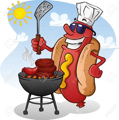 19650098 Hot Dog Cartoon Character Grilling Burgers Stock Vector