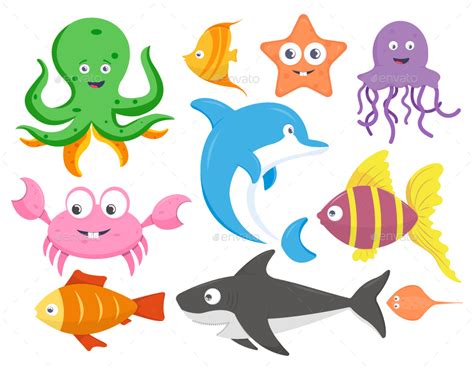 Set of Sea Animals Cartoon Vector Illustration by ContentArcade