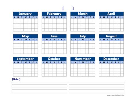 Yearly Blank Calendar Landscape With Notes Free Printable Templates