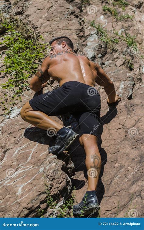 Handsome Muscular Shirtless Climber Climbing Rock Stock Photo Image