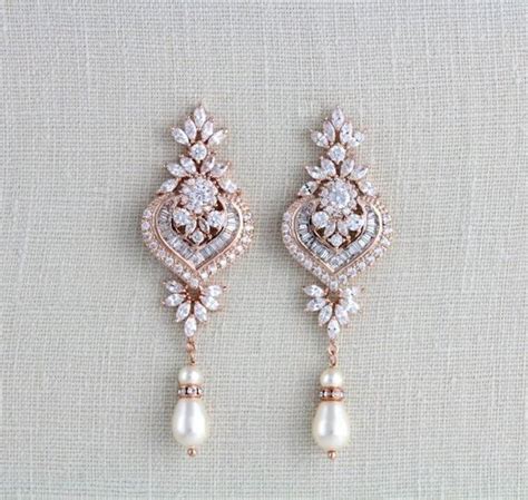 Long Rose Gold Crystal And Pearl Chandelier Wedding Earrings EMMA