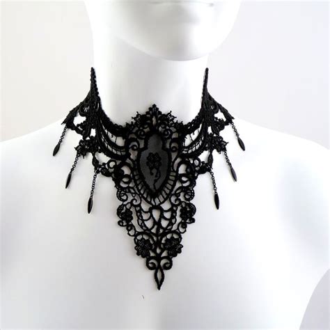Gothic Large Black Lace Choker Necklace With Medallion Rose Cameo