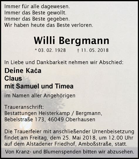 Traueranzeigen Von Willi Bergmann Trauer In Nrwde