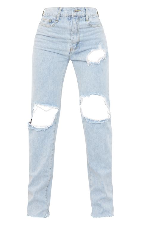 Light Blue Wash Ripped Staight Leg Jean Prettylittlething