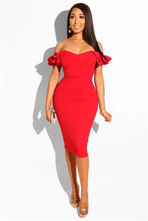 Us69 Red Off Shoulder Ruffled Sleeve Bodycon Midi Dress Wholesale Online