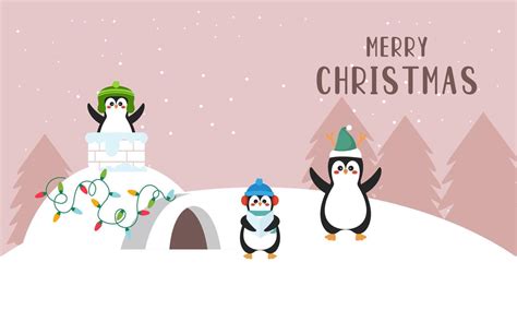 Merry Christmas Card With Cute Winter Penguins Vector Illustration